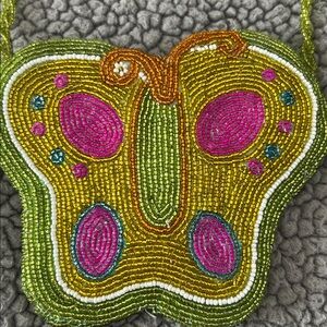 Vintage C. Marie beaded butterfly crossbody. Glass beading bag & chain. Zip top
